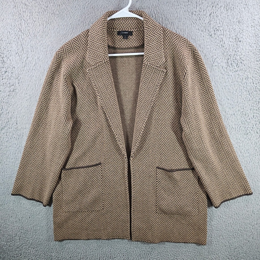 J.Crew Womens Large Herringbone Sweater Blazer Brown Merino Wool Blend Cardigan